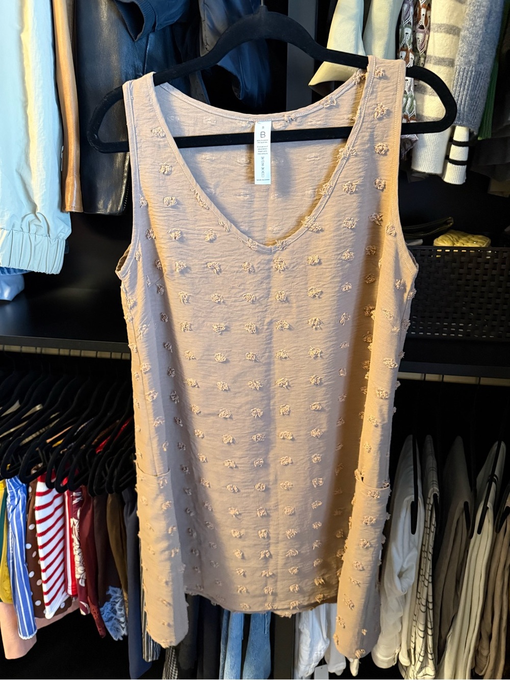 Sleeveless Textured V-Neck Dress - Beige